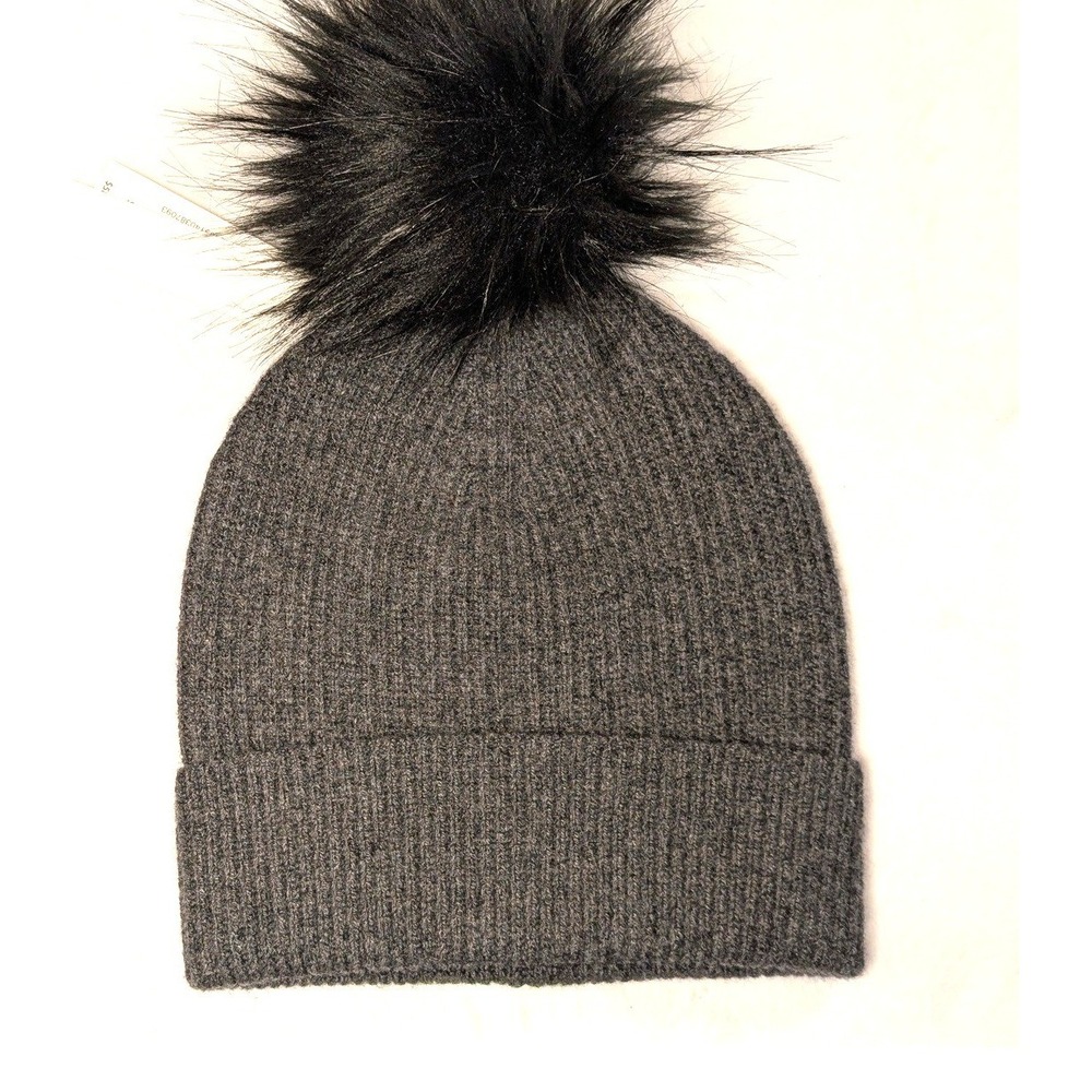 SASSO‎ SMYTH Charcoal Ribbed Cashmere Blend Beanie Pom Pom One Size OS
